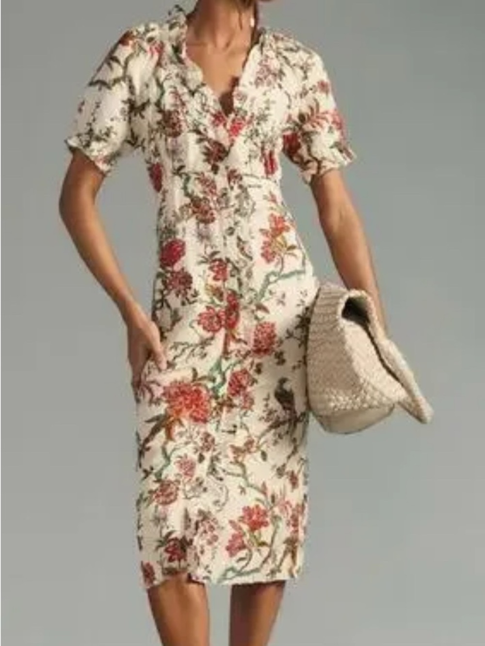 Anthropologie Pilcro White Maxi Dress with Pink & Green Floral Bird Print